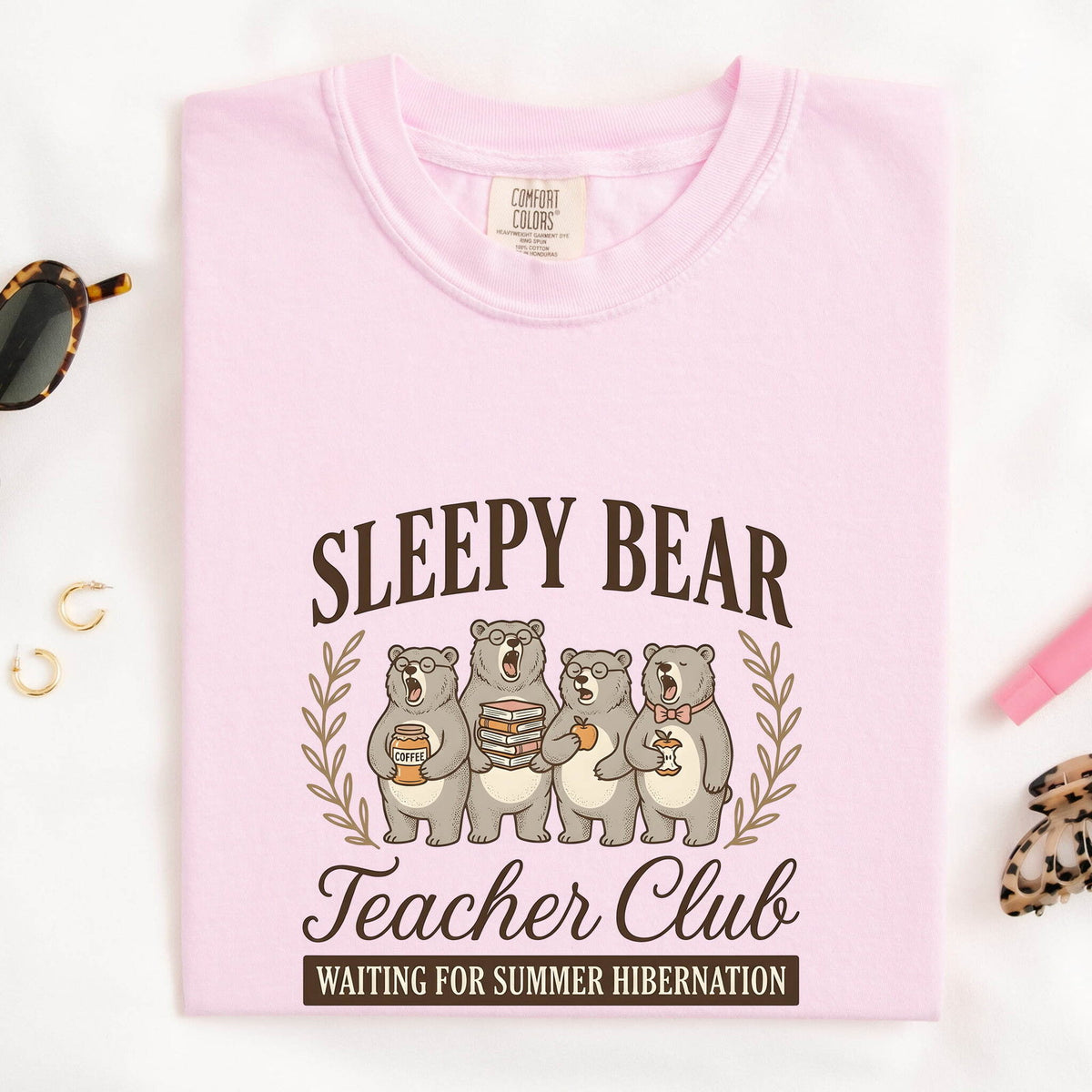 Sleepy Bear Teacher Club Text with an Iage of 4 Yawning Bears, and a humorous statement Waiting for Summer  Hibernation. The image shows the light pink blosson color. 