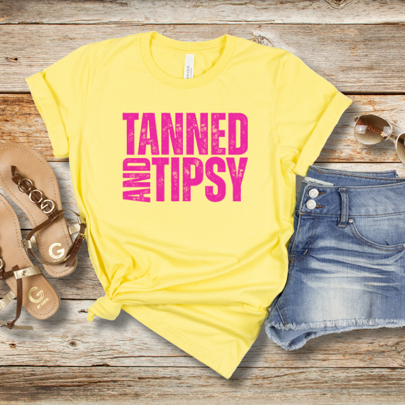 Tanned and Tipsy T-Shirt – Funny Summer Graphic Tee for Beach Days, Lake Life & Vacay Vibes