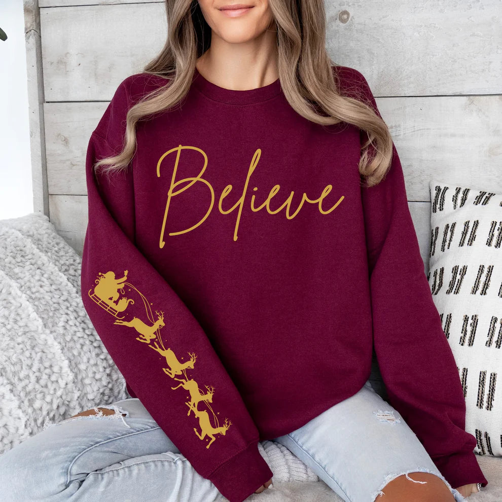 Believe Holiday Sweatshirt With Santa and Reindeer Sleeve, Festive Womens Sweatshirt