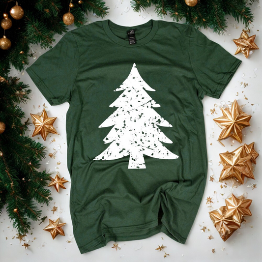 Forest Green short sleeve graphic tee with Vintage Christmas Tree