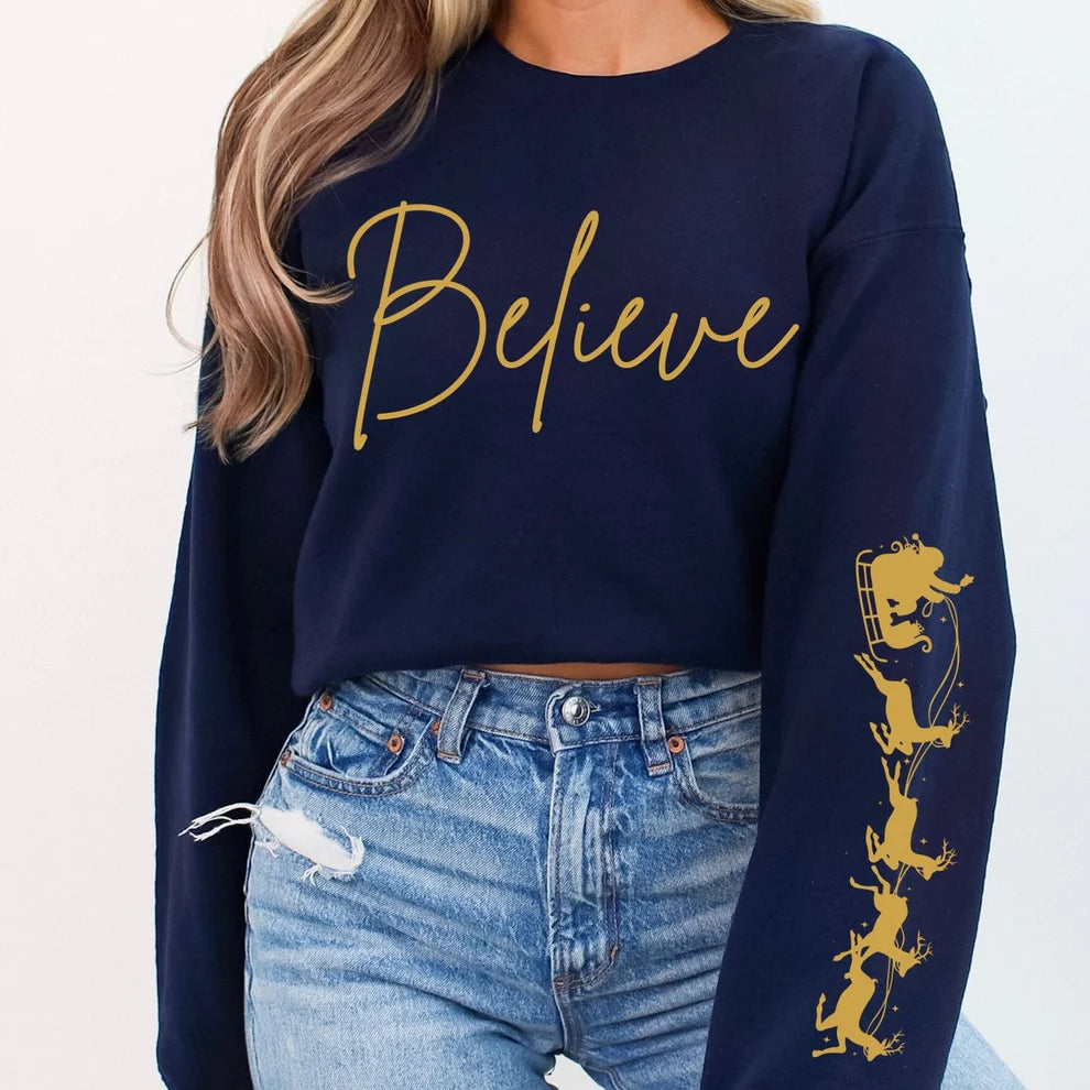 Believe Holiday Sweatshirt With Santa and Reindeer Sleeve, Festive Womens Sweatshirt
