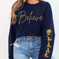 Believe Holiday Sweatshirt With Santa and Reindeer Sleeve, Festive Womens Sweatshirt
