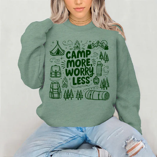 Camp More Worry Less Sweatshirt, Camping Sweatshirt, Camper Vibes Sweatshirt, Trending Camping Sweatshirt