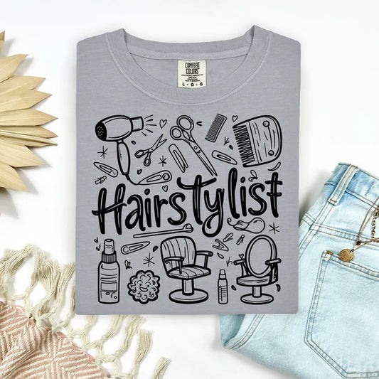 Hairstylist Comfort Colors Doodle T-Shirt, Fun Doodle Tee for Hairstylist, Gifts for Hairstylist
