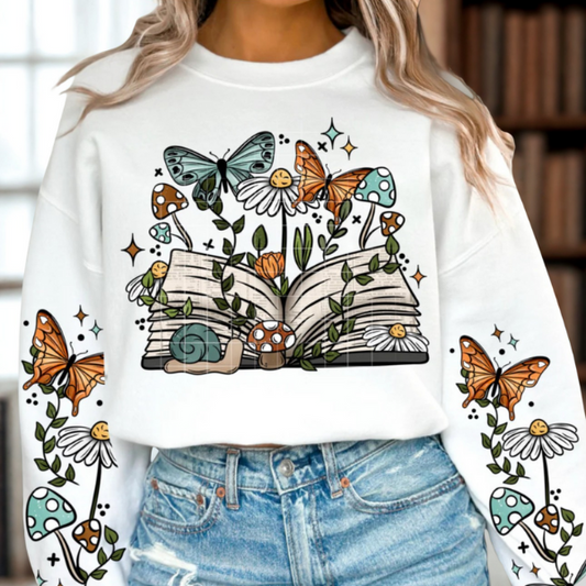 Book Lover Crew Neck Sweatshirt, Front Print and Sleeves Printed