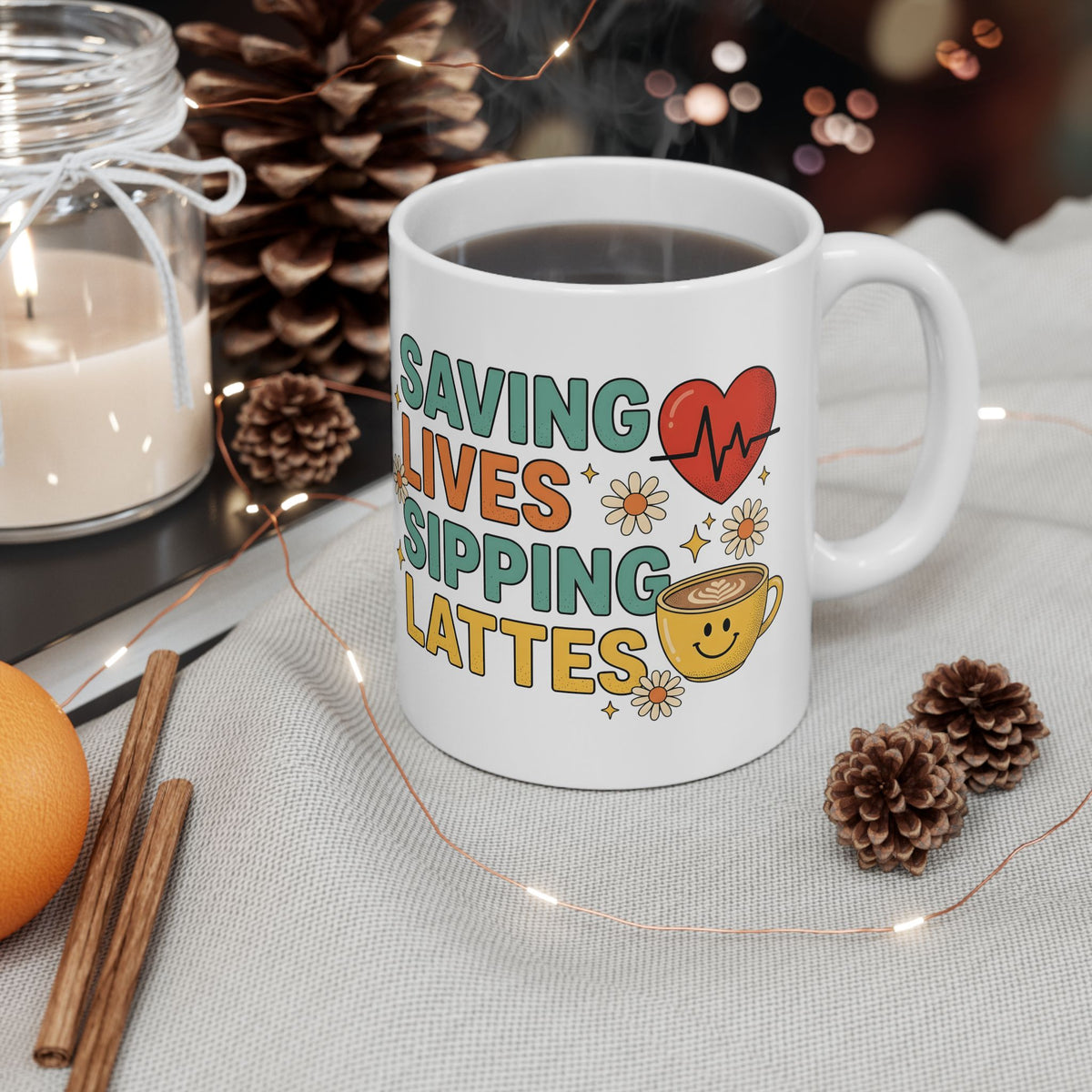 Saving Lives Sipping Lattes Mug | Coffee Nurse Medical Heartbeat Design | Gift for Nurses | Nurse Coffee Mug