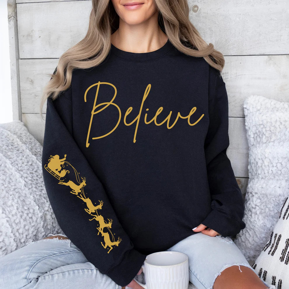 Believe Holiday Sweatshirt With Santa and Reindeer Sleeve, Festive Womens Sweatshirt