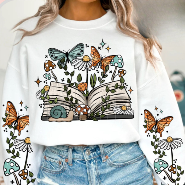 Book Lover Crew Neck Sweatshirt, Front Print and Sleeves Printed