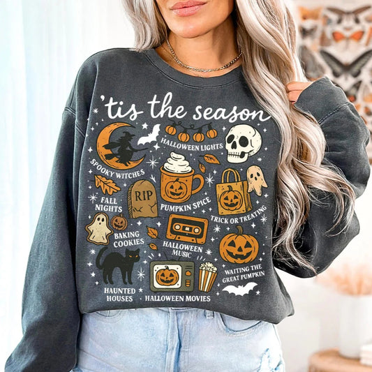 Tis The Season Halloween Long Sleeve Doodle T-Shirt, Comfort Colors Halloween Vibes T-shirt, Halloween Trending Tee