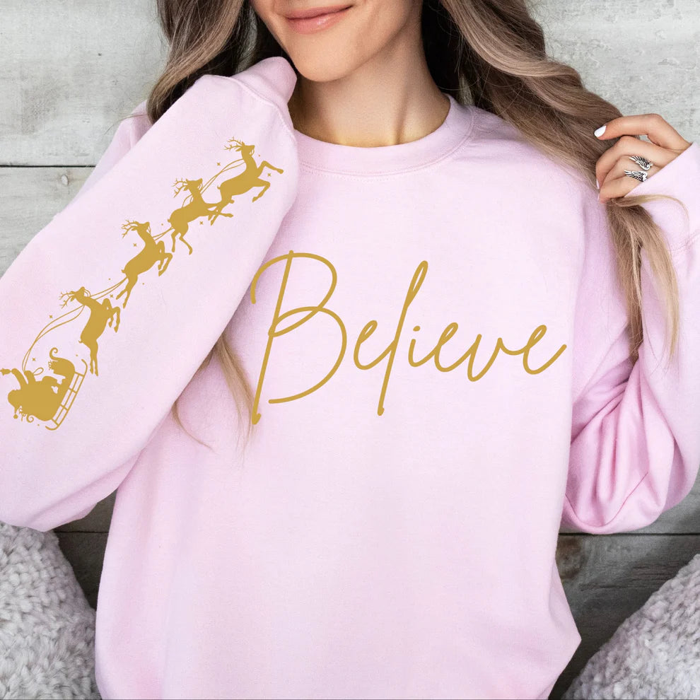 Believe Holiday Sweatshirt With Santa and Reindeer Sleeve, Festive Womens Sweatshirt