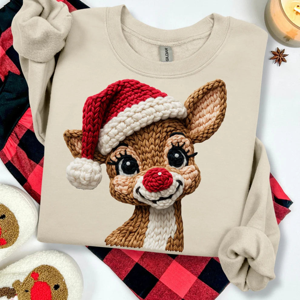 Rudolph Long Sleeve T-Shirt With a  Faux Yarn Design