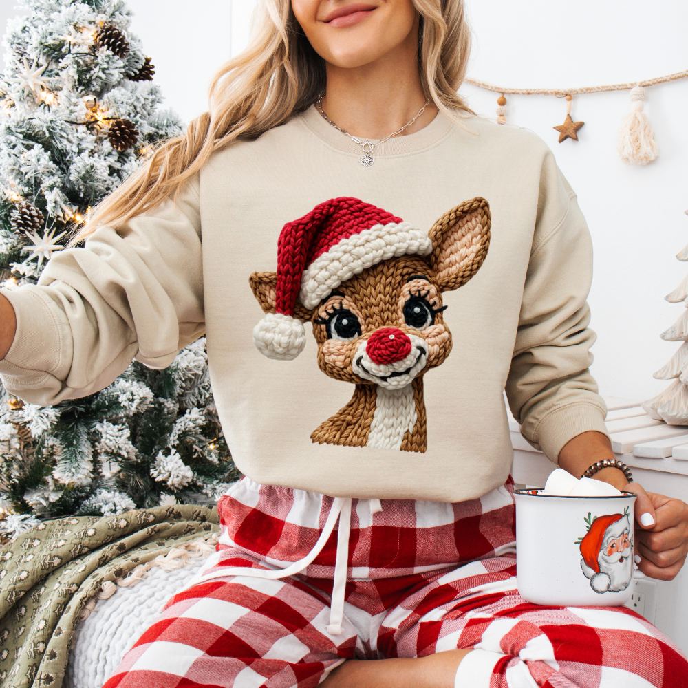 Rudolph Long Sleeve T-Shirt With a  Faux Yarn Design