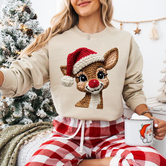 Rudolph Long Sleeve T-Shirt With a  Faux Yarn Design, Christmas T-shirt, Gifts for Women