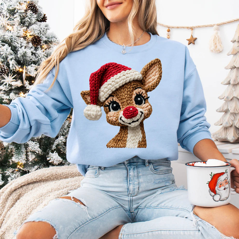 Rudolph Long Sleeve T-Shirt With a  Faux Yarn Design