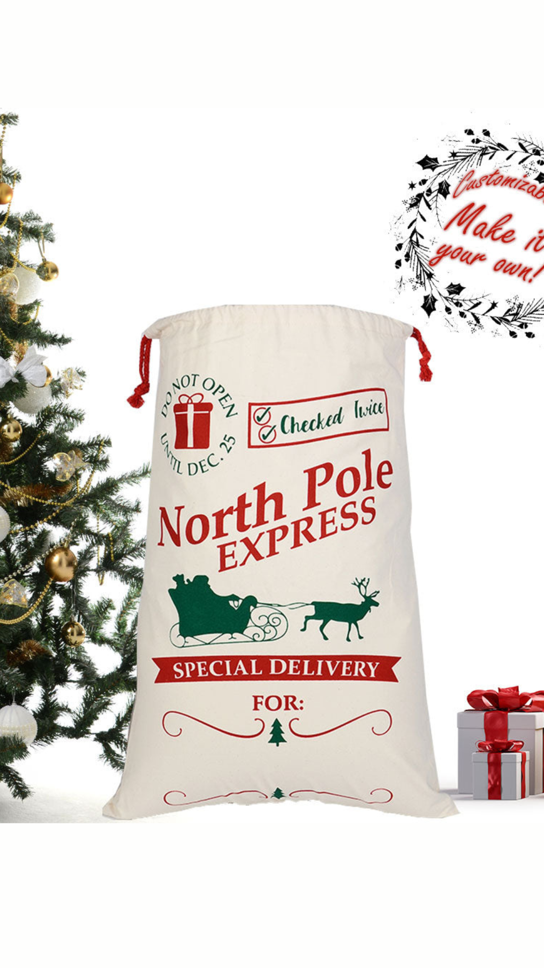 Personalized Santa Sack North Pole Express, Christmas Gift Bag