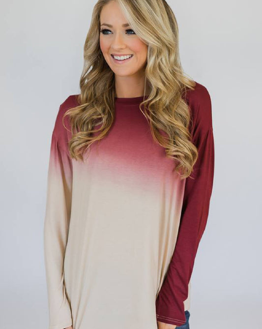 Red Gradient round neck loose fit casual top