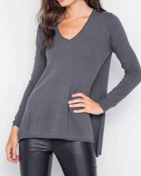 Charcoal Knit v-neck casual solid long sleeve sweater