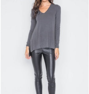 Charcoal Knit v-neck casual solid long sleeve sweater