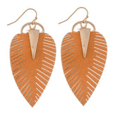Peach  Faux Leather Leaf Drop Earrings with Gold Accent