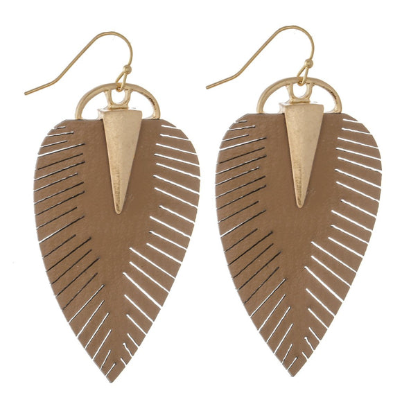 Tan Faux Leather Leaf Drop  Earrings with Gold Accent