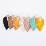 Tan Faux Leather Leaf Drop  Earrings with Gold Accent