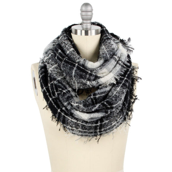 Black plaid pattern wide infinity scarf