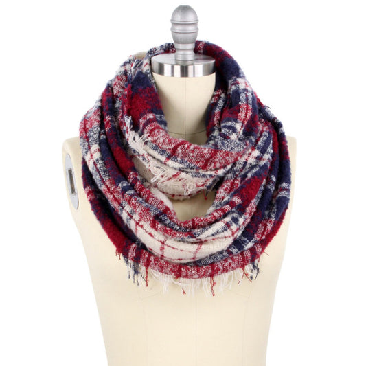 Burgundy Plaid pattern wide infinity scarf