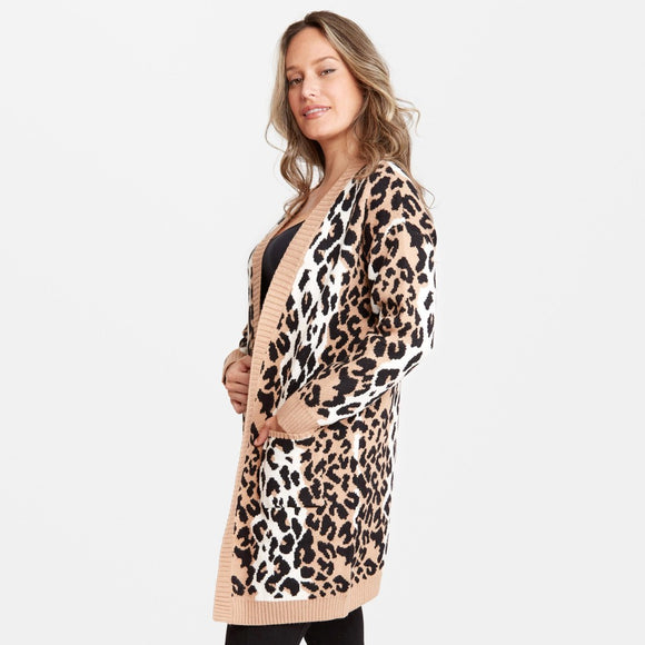 Leopard Print Cardigan Sweater with Front Pockets