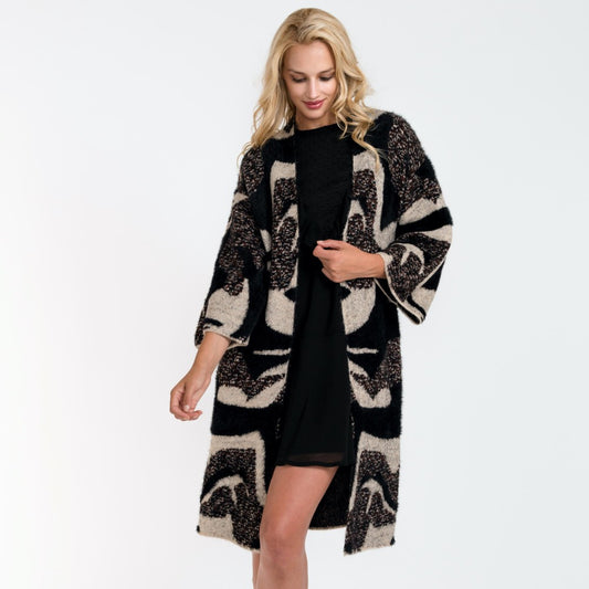 Black Fuzzy Knit Abstract Print Maxi Cardigan
