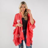 Coral Ruffled kimono with floral details.