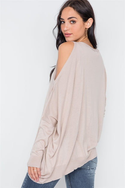 Almond Color Asymmetrical Hem Seamed Sweater