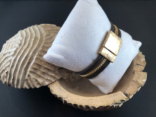 Gold tone and brown cord bracelet