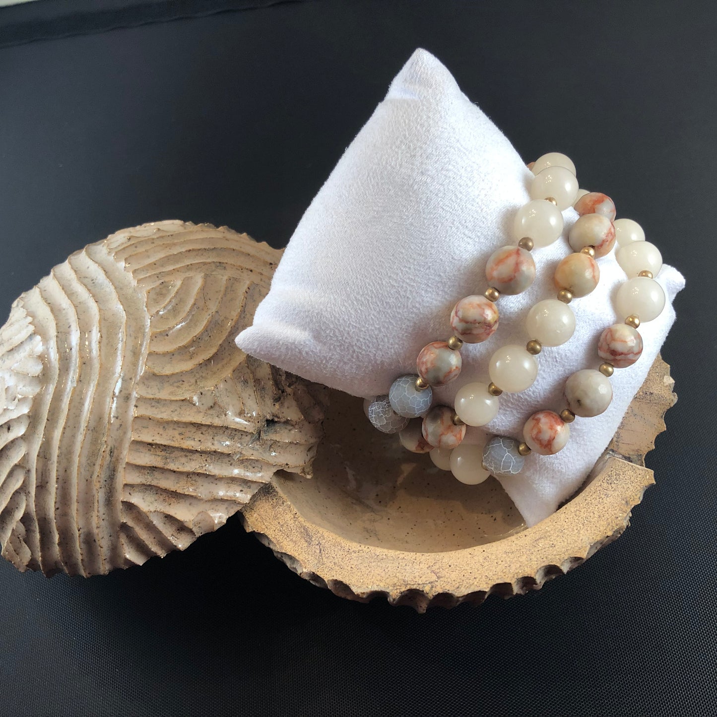 Three bracelet set with natural stone and crackle beads.