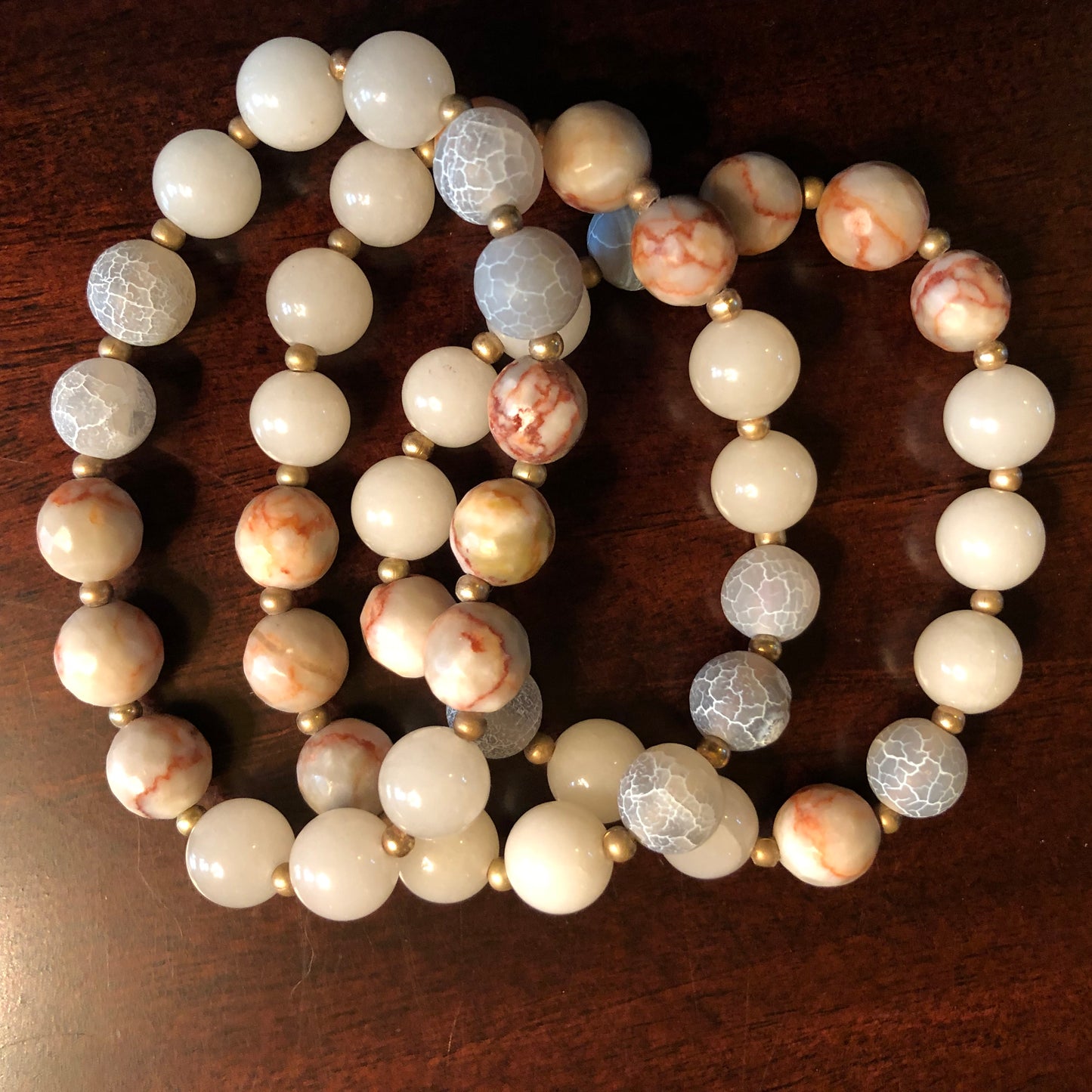 Three bracelet set with natural stone and crackle beads.