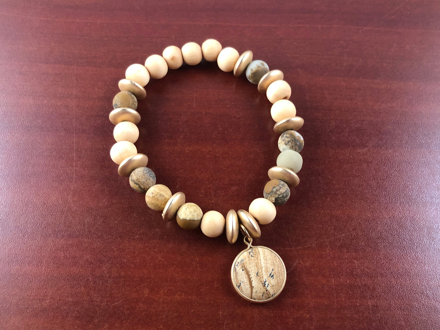 Jasper Color Natural Stone stretch wood bead bracelet