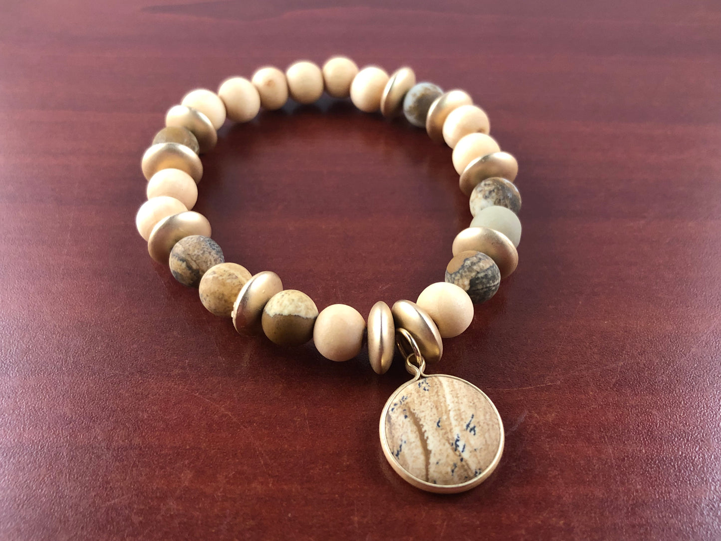 Jasper Color Natural Stone stretch wood bead bracelet