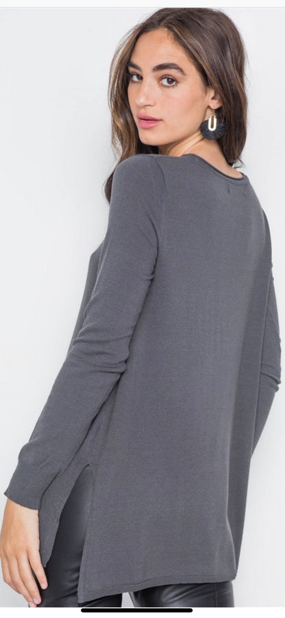 Charcoal Knit v-neck casual solid long sleeve sweater