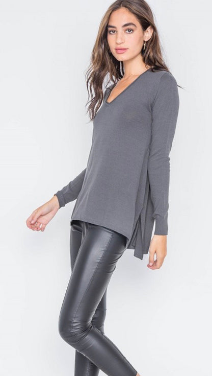 Charcoal Knit v-neck casual solid long sleeve sweater