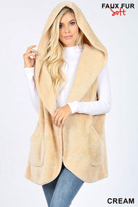 Super Soft Cream Faux Fur Hooded Cocoon Vest with Side Pockets