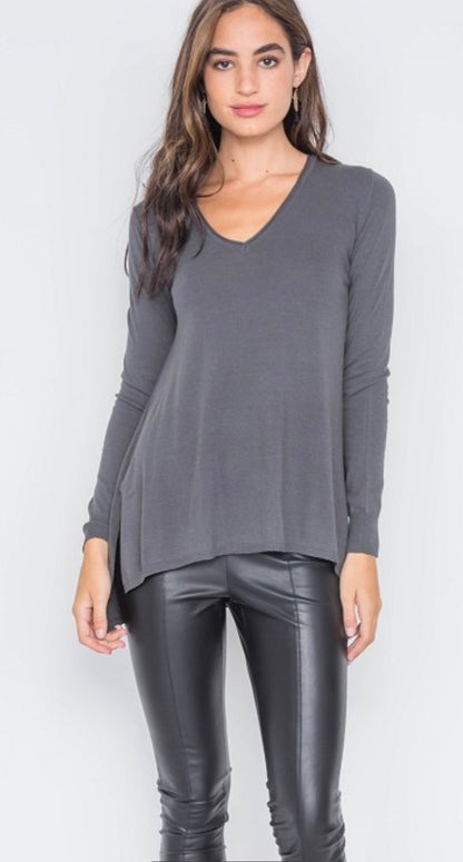 Charcoal Knit v-neck casual solid long sleeve sweater