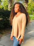 Sand Taupe Knit v-neck casual solid long sleeve sweater