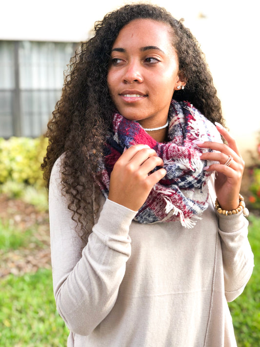 Burgundy Plaid pattern wide infinity scarf
